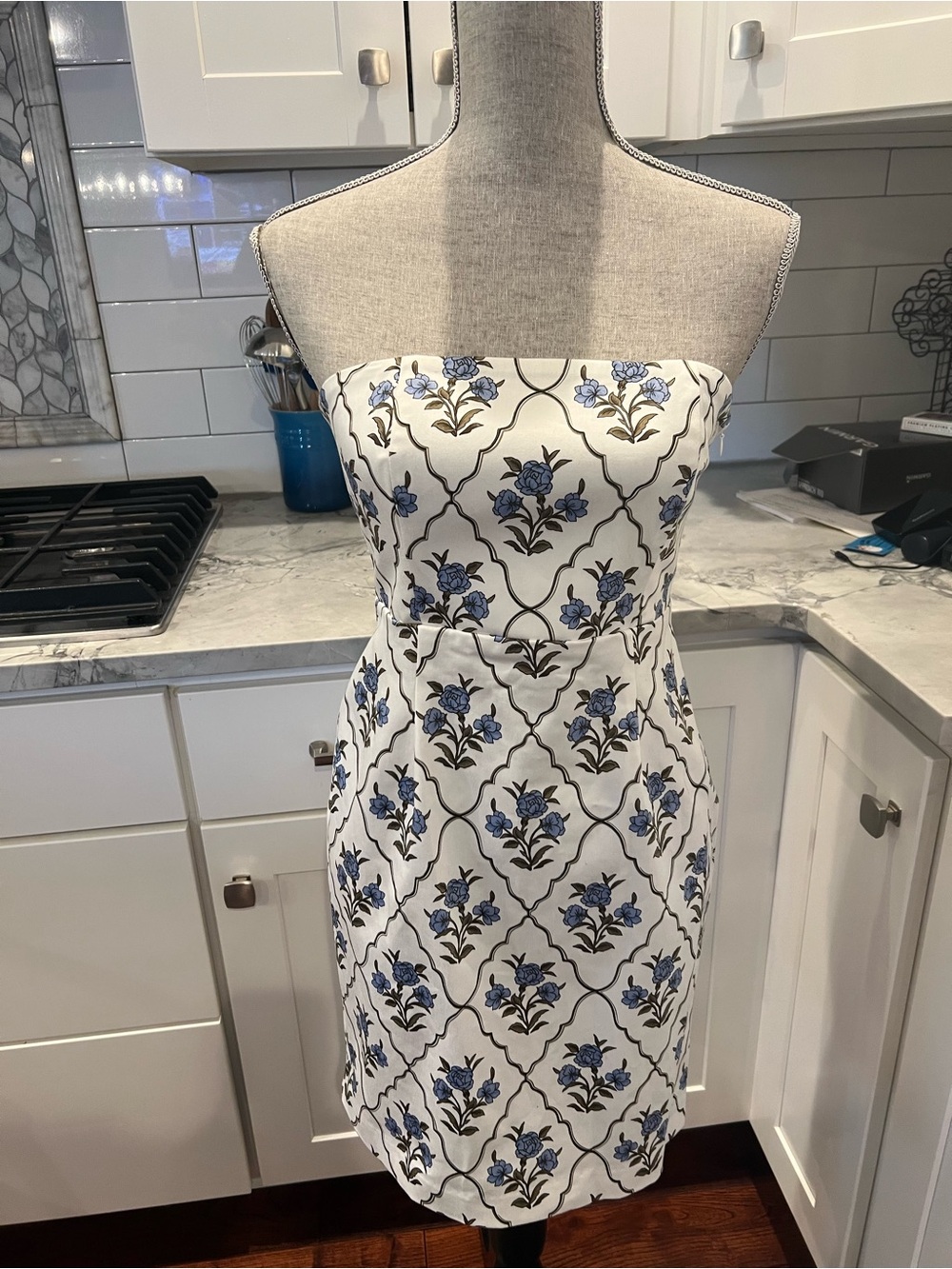 Sam & Jess Strapless White Dress with Blue Floral Tile Print XS Cottagecore